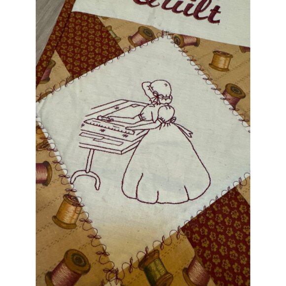 Handcrafted Quilted Wall Hanging With Embroidered Sewing Scenes & "Love To Quilt - Picture 3 of 9